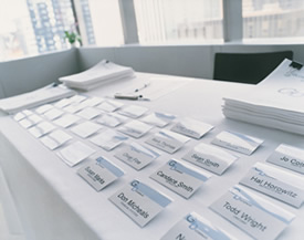 conference name tags on a table